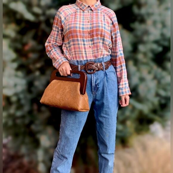 Handmade Genuine Leather Embossed Leaves Large Wood Frame Bag/Crossbody - Picture 4 of 16